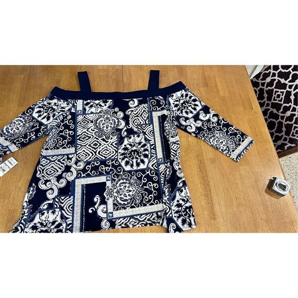 JM Collection Womens Printed Cold Shoulder Top Intrepid Blue Size 2XL NWT P1-231 - Picture 1 of 9